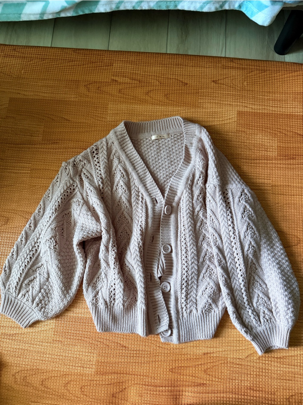 Openwork Cable Knit Button-Front Cardigan in Beige light purple